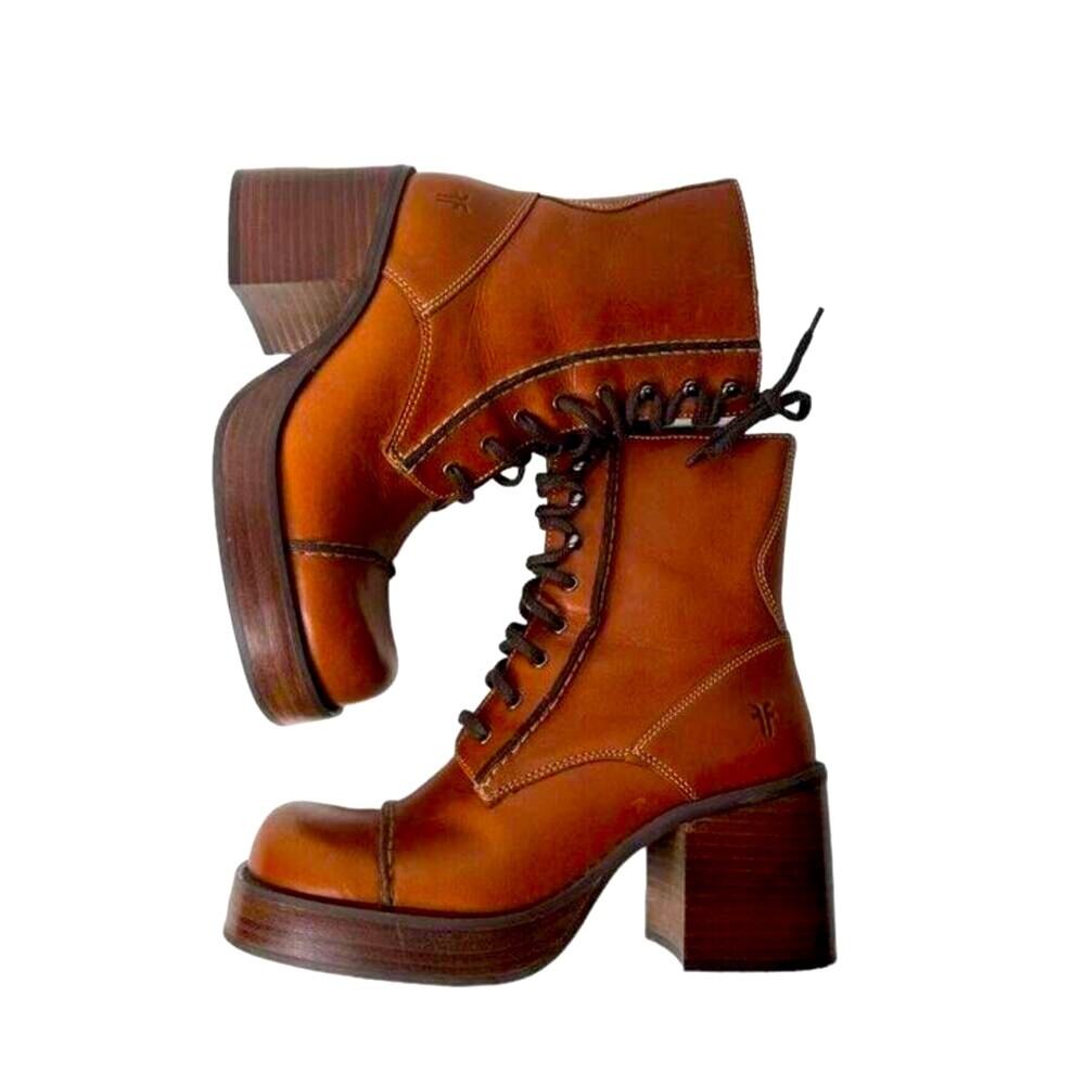 Vtg Frye Boots Villager Lace Up Chunky Shoes Leather Women’s 7 Cognac Tan